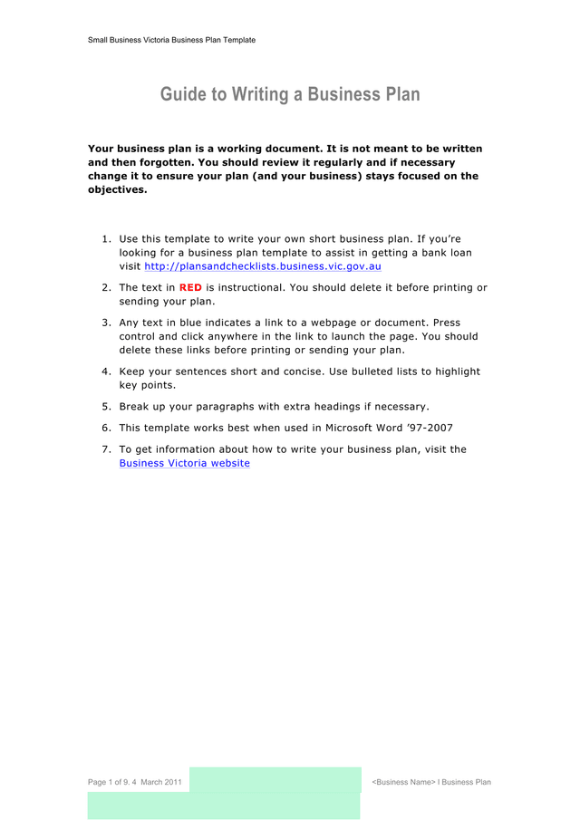 Small Business Victoria Business Plan Template screenshot