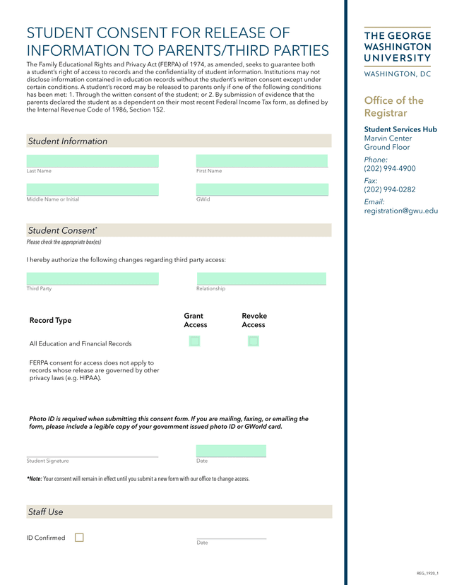 Student Consent For Release Of Information To ParentsThird Parties screenshot