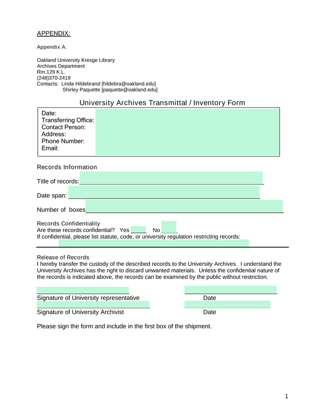 University Archives Transmittal  Inventory Form screenshot