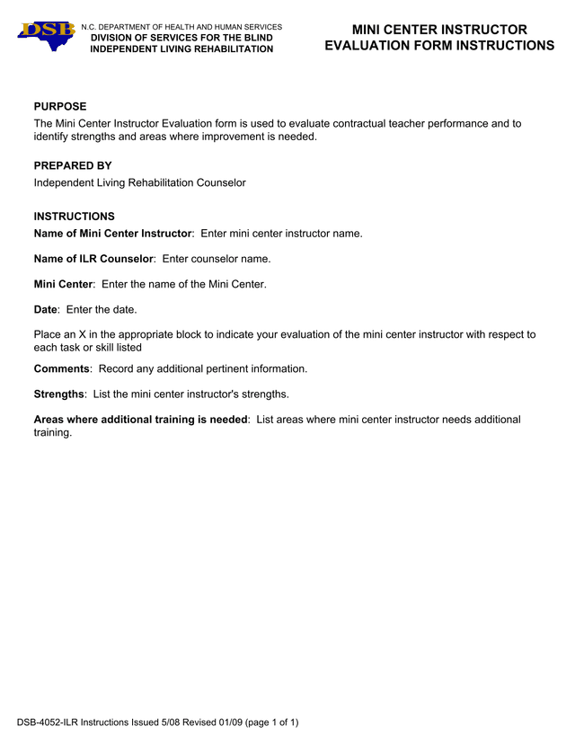 Mini Center Instructor Evaluation Form Instructions screenshot