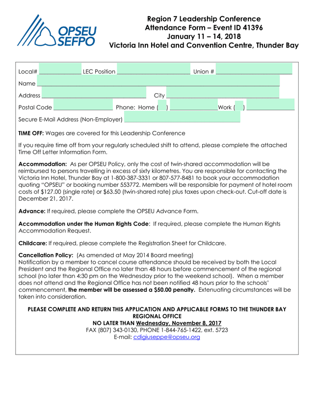 OPSEU Leadership Conference Registration Form screenshot