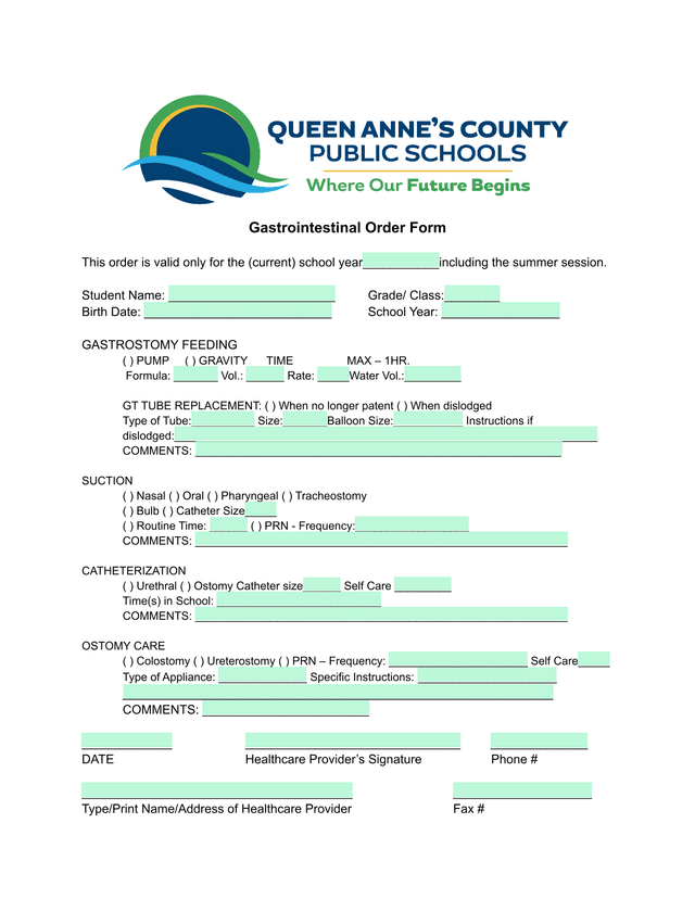 Gastrointestinal Order Form screenshot