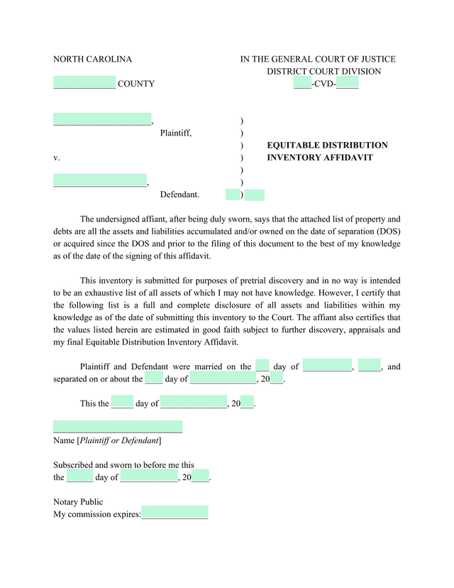 Equitable Distribution Inventory Affidavit screenshot