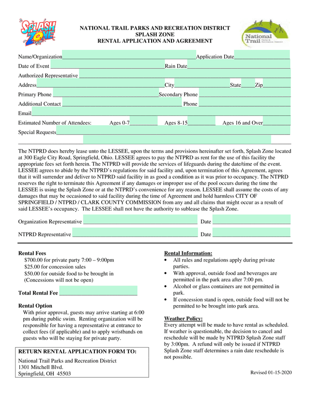 SPLASH ZONE RENTAL APPLICATION AND AGREEMENT screenshot