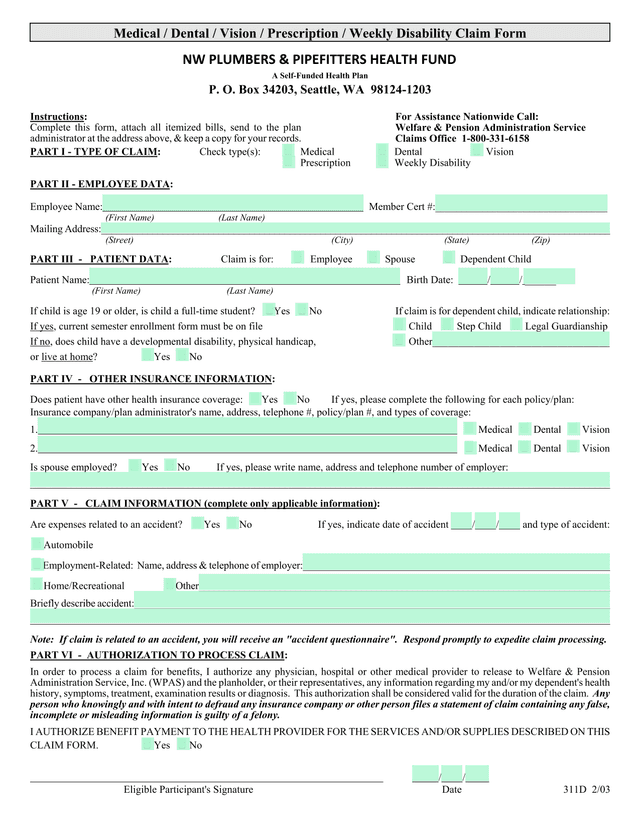 Medical  Dental  Vision  Prescription  Weekly Disability Claim Form screenshot