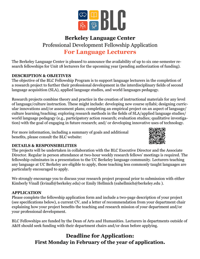 Berkeley Language Center Professional Development Fellowship Application screenshot