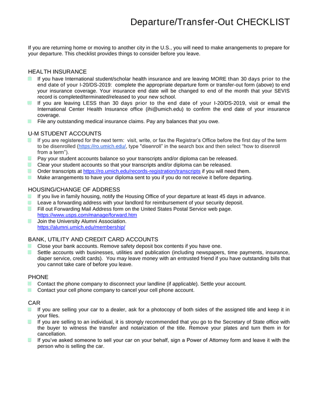 DepartureTransfer Out CHECKLIST screenshot