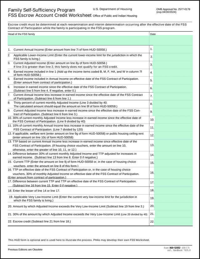 HUD 52652 FSS Escrow Account Credit Worksheet screenshot