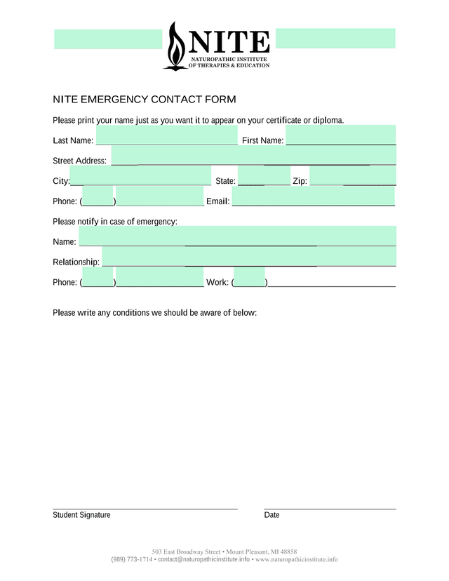 NITE EMERGENCY CONTACT FORM screenshot