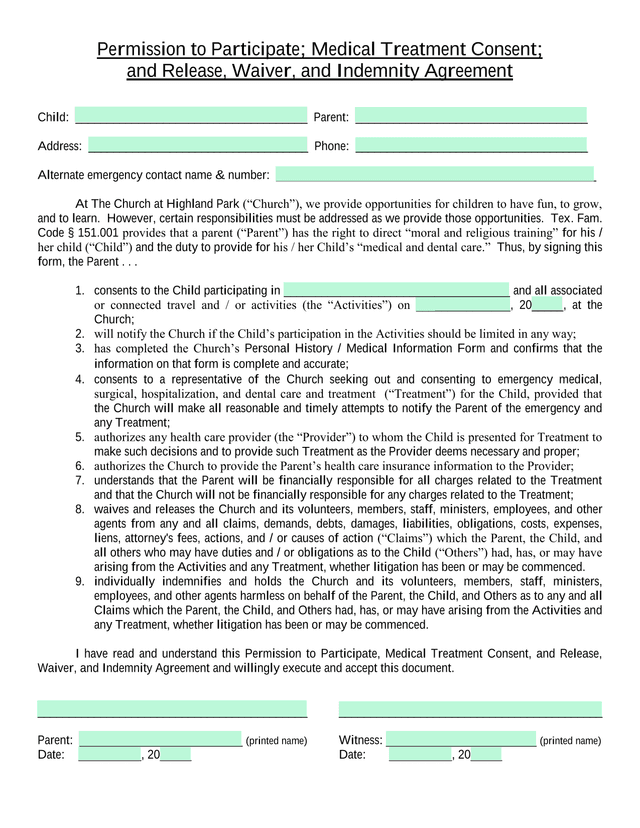 Permission To Participate Medical Treatment Consent And Release, Waiver, And Indemnity Agreement screenshot