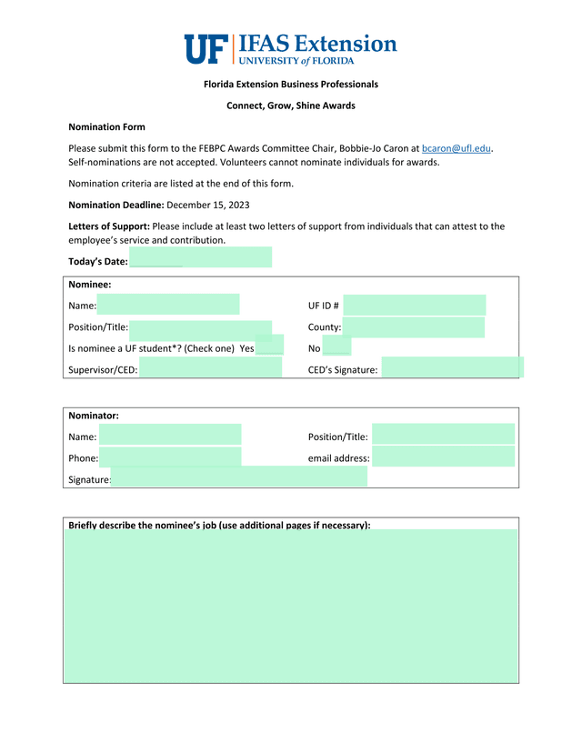 Florida Extension Business Professionals Connect, Grow, Shine Awards Nomination Form screenshot