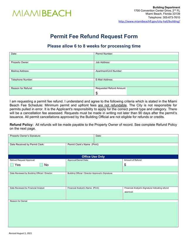 Permit Fee Refund Request Form screenshot