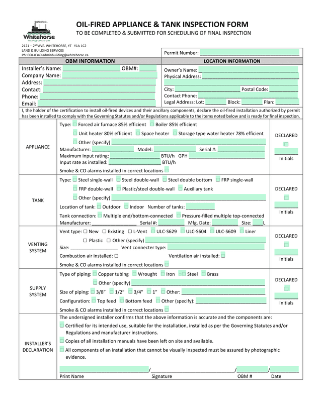Oil Fired Appliance  Tank Inspection Form screenshot
