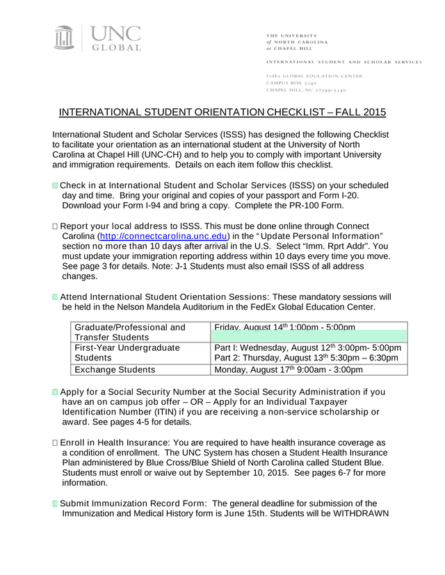 International Student Orientation Checklist  Fall 2015 screenshot
