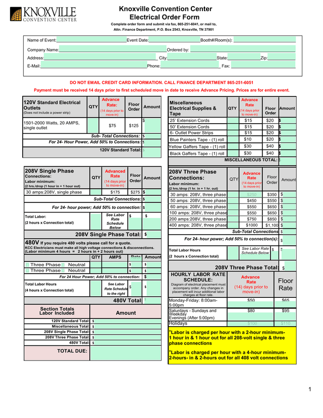 Knoxville Convention Center Electrical Order Form screenshot