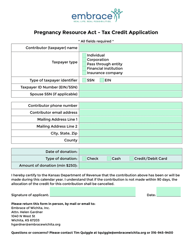 Pregnancy Resource Act   Tax Credit Application screenshot
