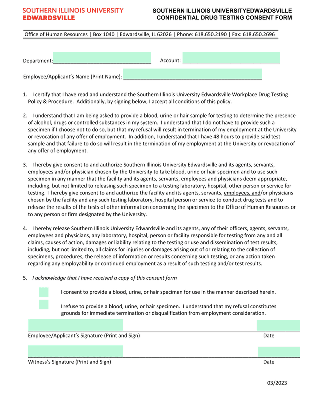 Workplace Drug Testing Consent Form screenshot