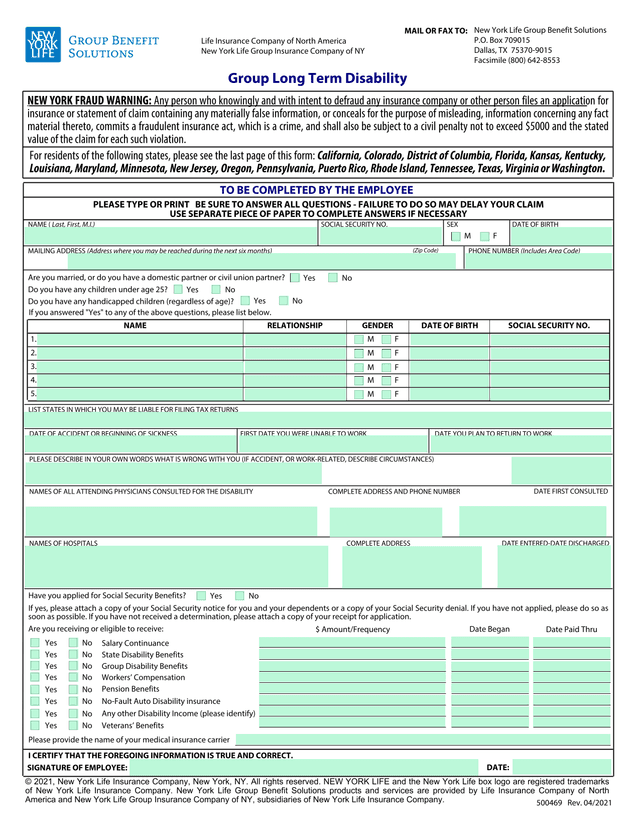 Disability Claim Form screenshot