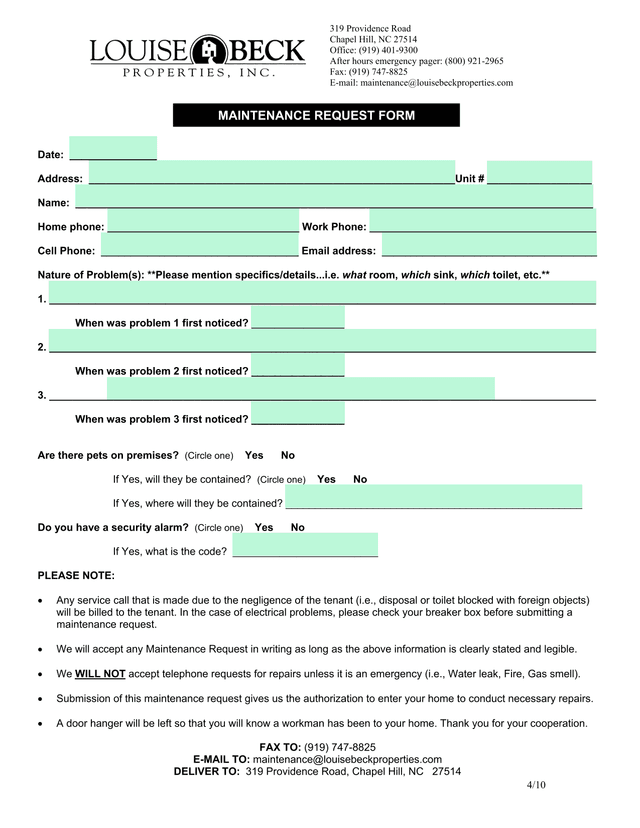 MAINTENANCE REQUEST FORM screenshot