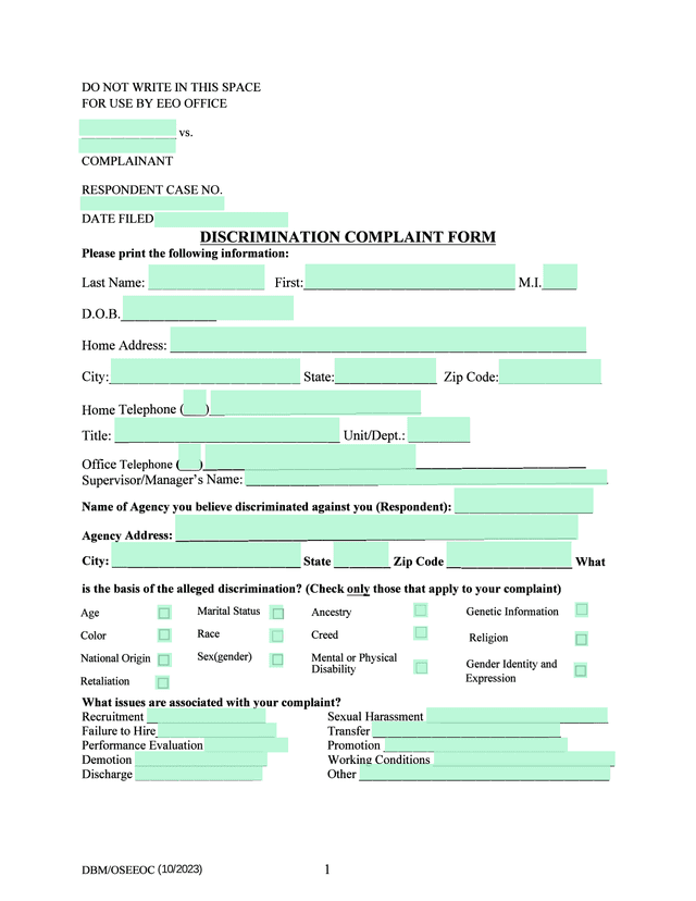 Discrimination Complaint Form screenshot