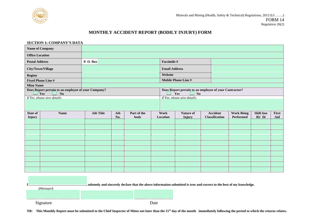 Minerals And Mining (Health, Safety  Technical) Regulations, 2012   Monthly Accident Report (Bodily  screenshot