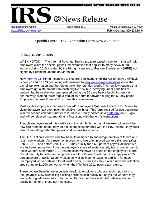 Form W 11, Hiring Incentives To Restore Employment (HIRE) Act Employee Affidavit screenshot