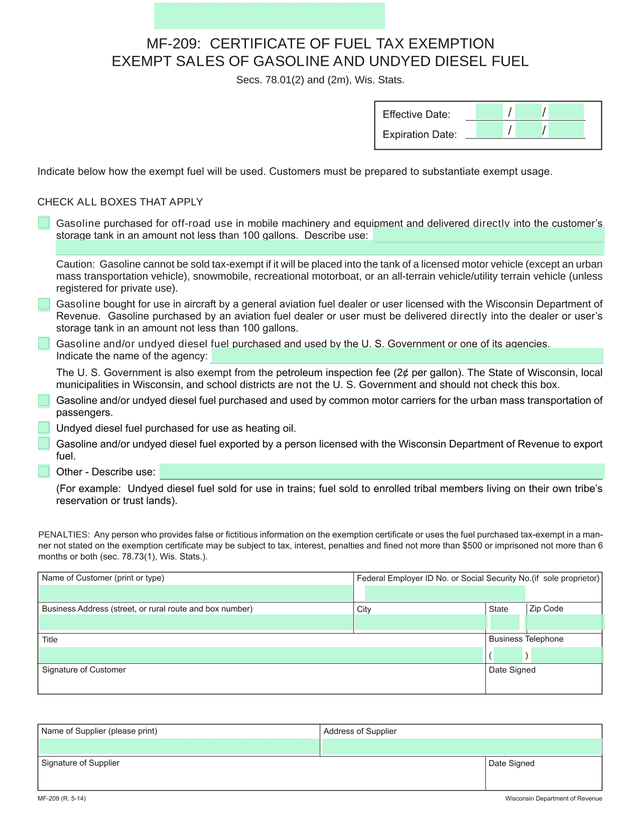 MF 209 CERTIFICATE OF FUEL TAX EXEMPTION screenshot