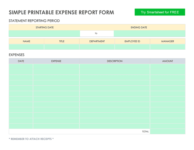 Simple Printable Expense Report Form screenshot