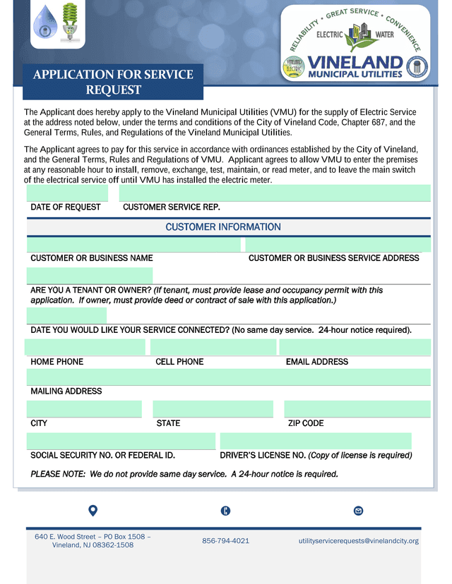 APPLICATION FOR SERVICE REQUEST screenshot