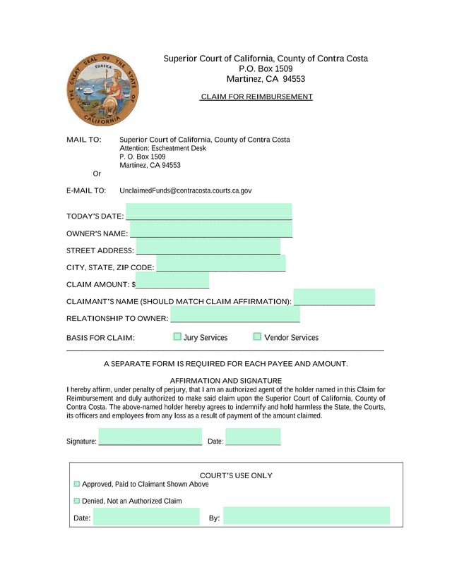 Claim For Reimbursement screenshot