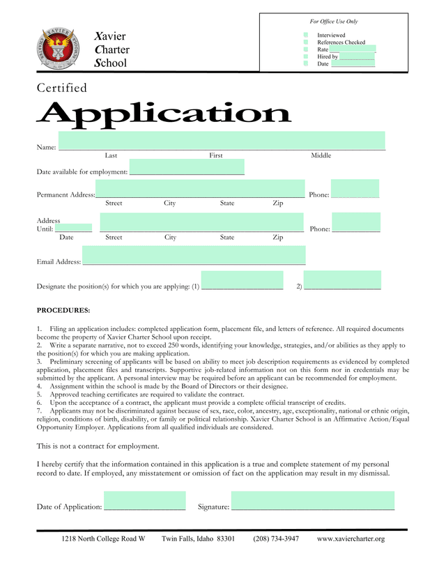 Xavier Charter School Certified Application screenshot