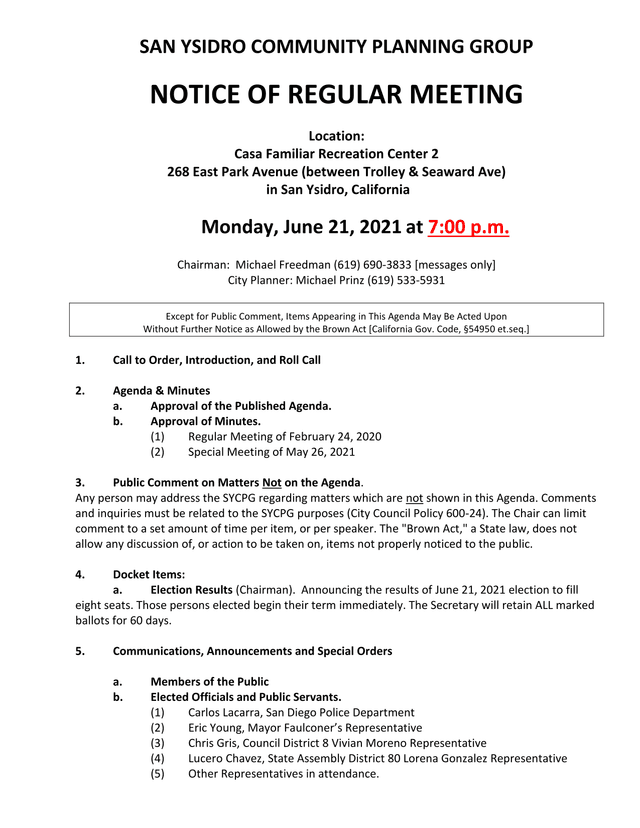 San Ysidro Community Planning Group Notice Of Regular Meeting screenshot
