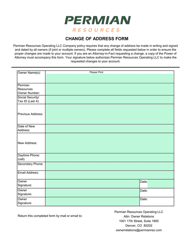 Change Of Address Form screenshot