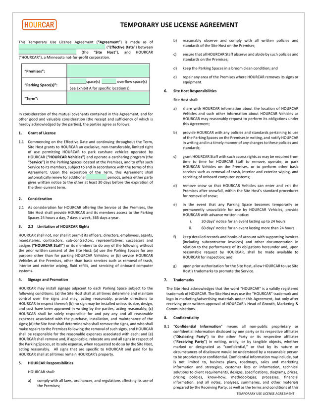 Temporary Use License Agreement screenshot