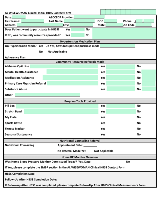 AL WISEWOMAN Clinical Initial HBSS Contact Form screenshot