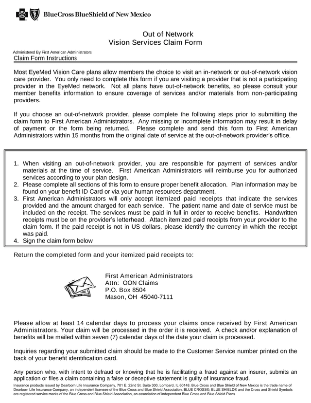 Out Of Network Vision Services Claim Form screenshot