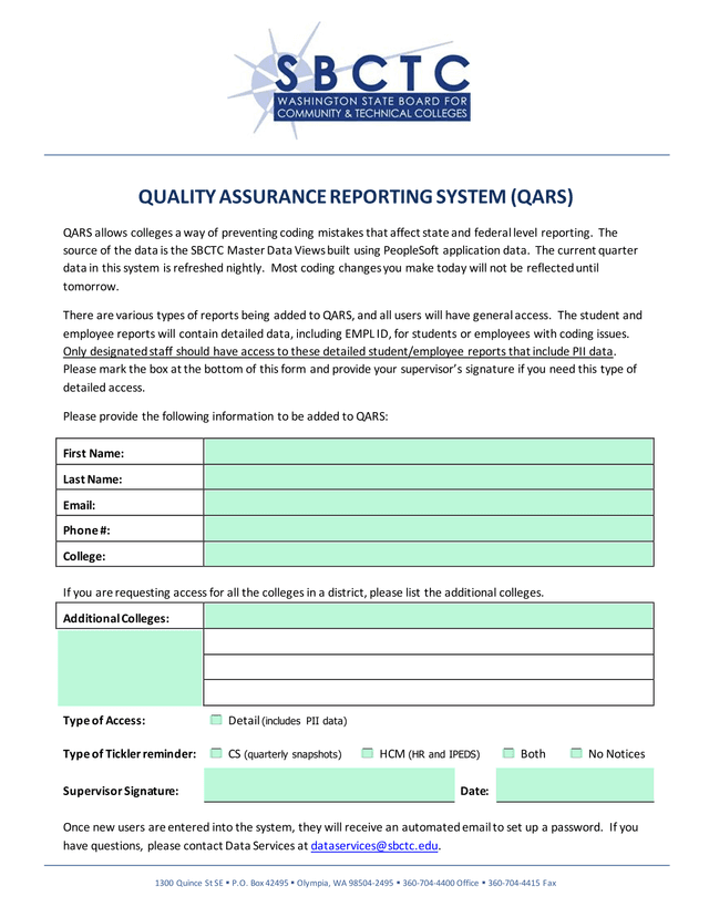 Quality Assurance Reporting System (QARS) Access Request Form screenshot