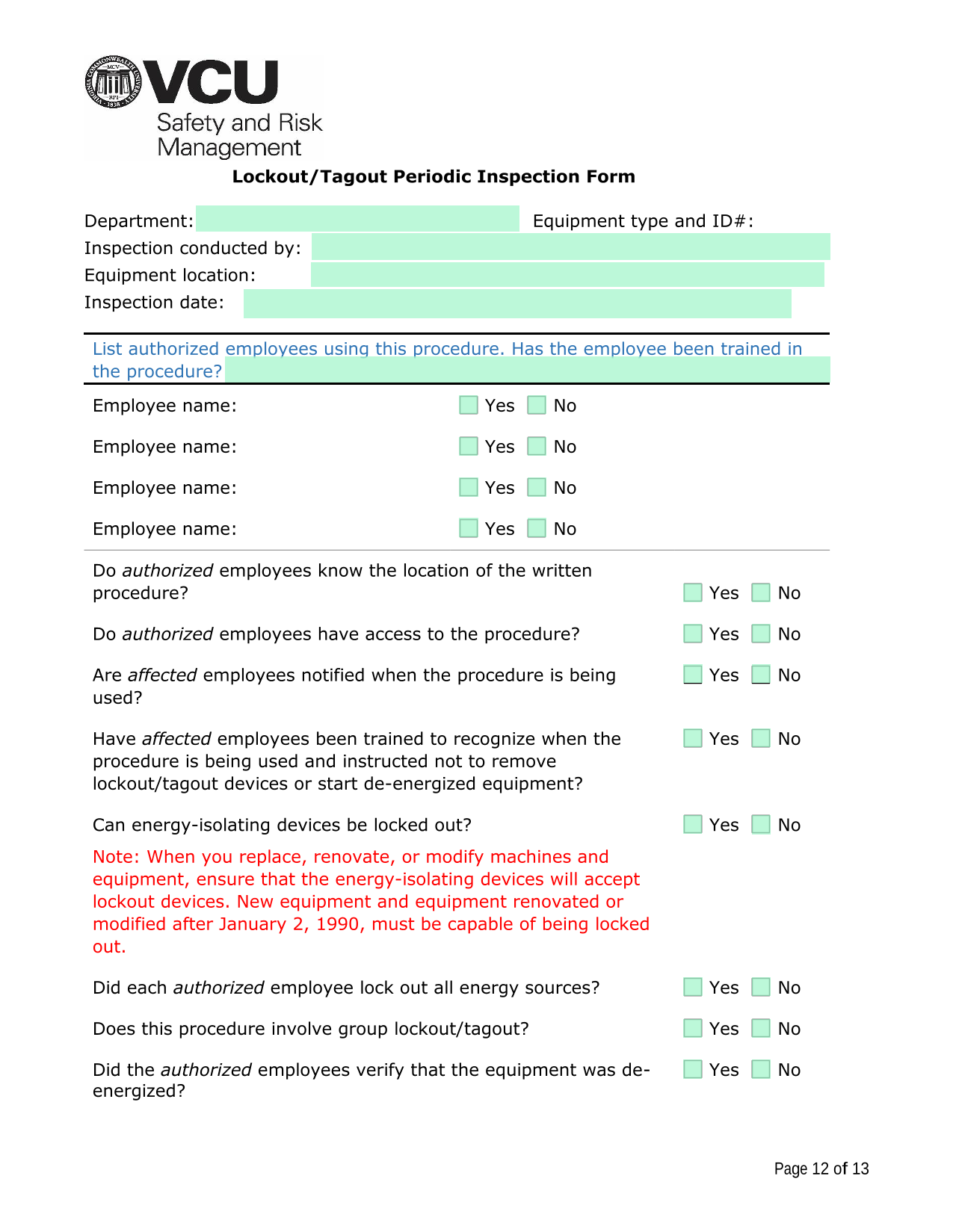 LockoutTagout Periodic Inspection Form screenshot