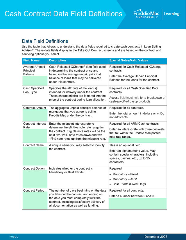 Cash Contract Data Field Definitions screenshot