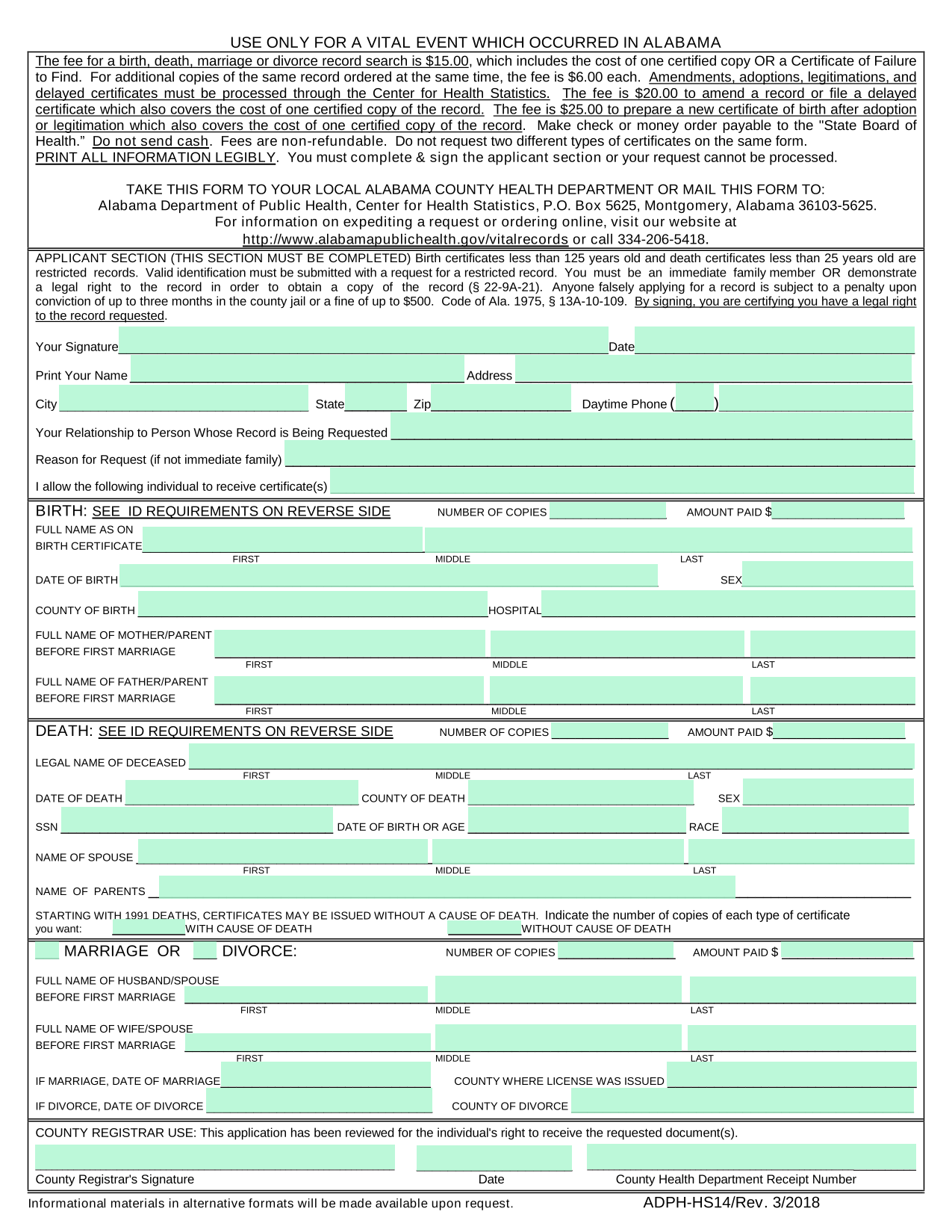 Alabama Vital Records Request Form screenshot