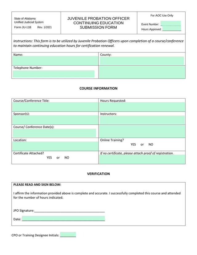 Juvenile Probation Officer Continuing Education Submission Form screenshot