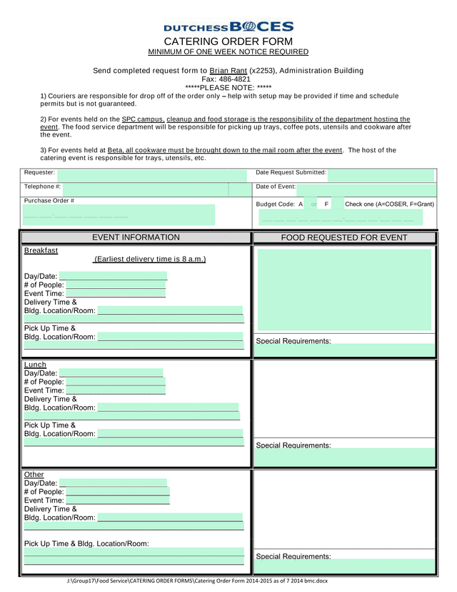 CATERING ORDER FORM screenshot