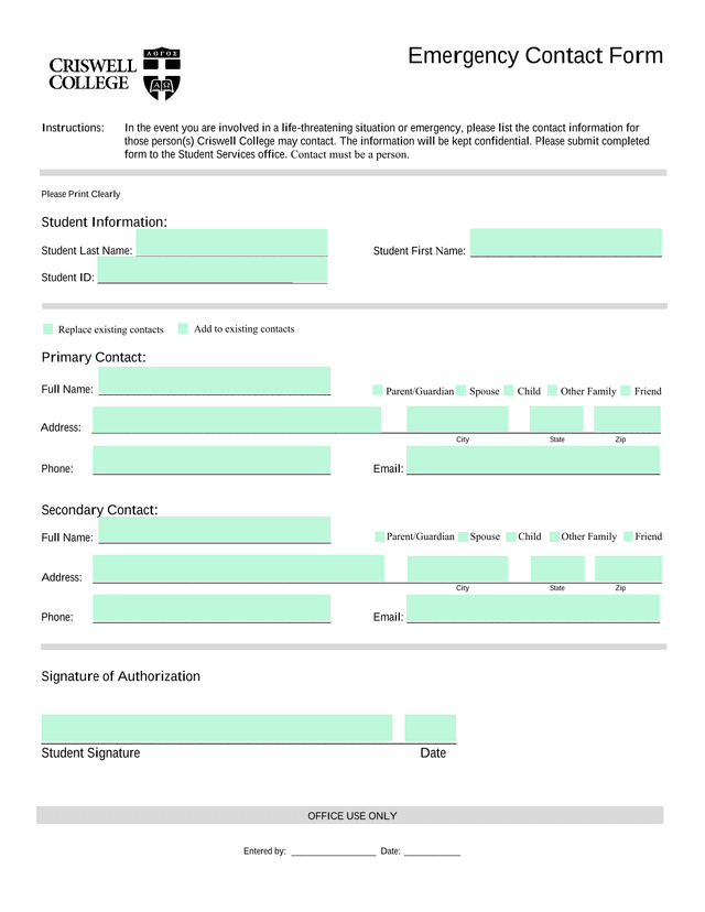 Emergency Contact Form screenshot