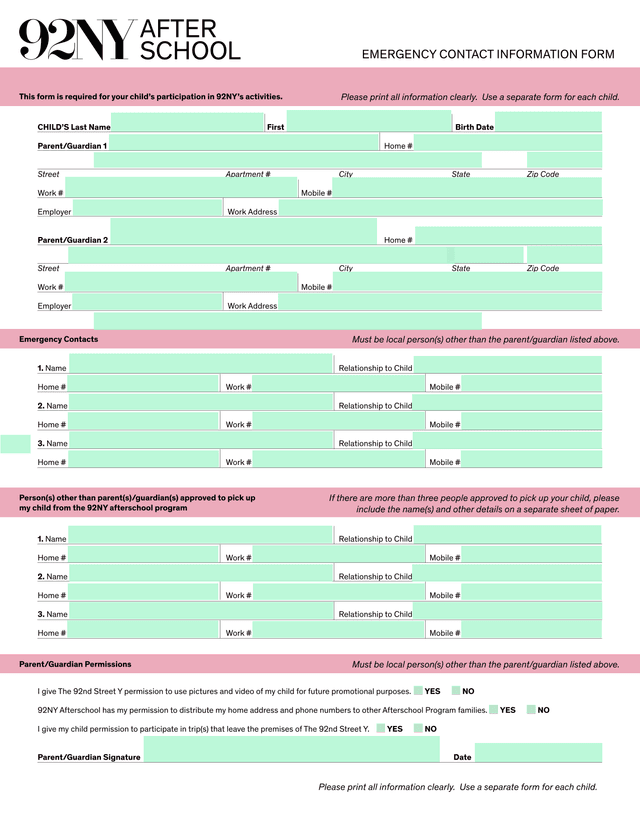 92NY Afterschool Emergency Contacts And Permissions Form screenshot
