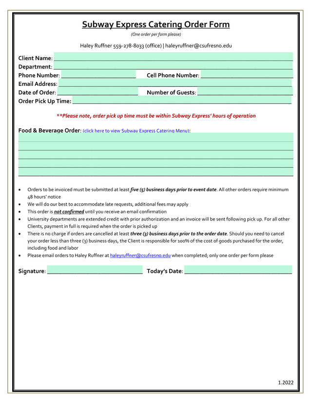 Subway Express Catering Order Form screenshot