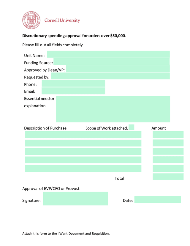 Cornell University Discretionary Spending Approval Form screenshot