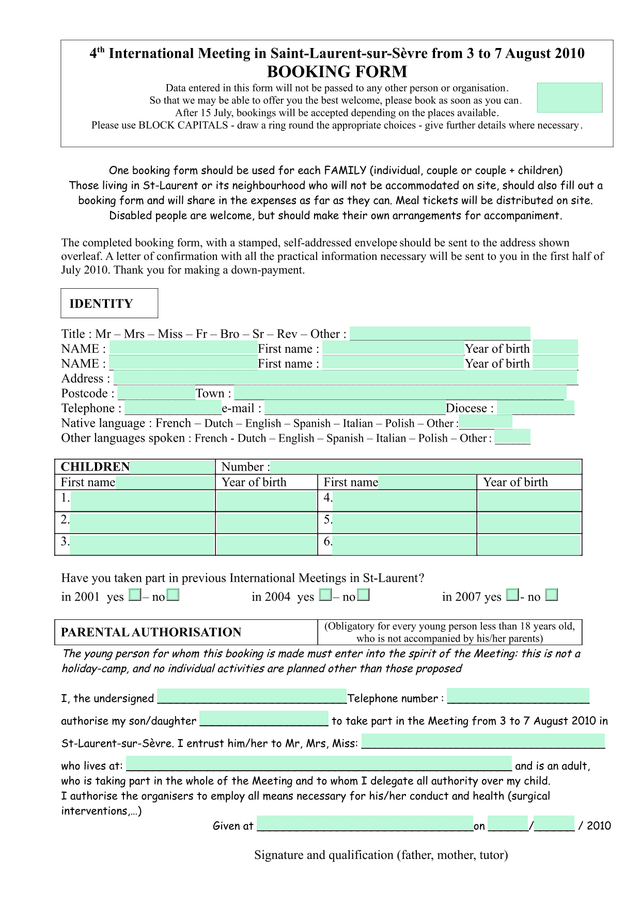 International Meetings Booking Form screenshot