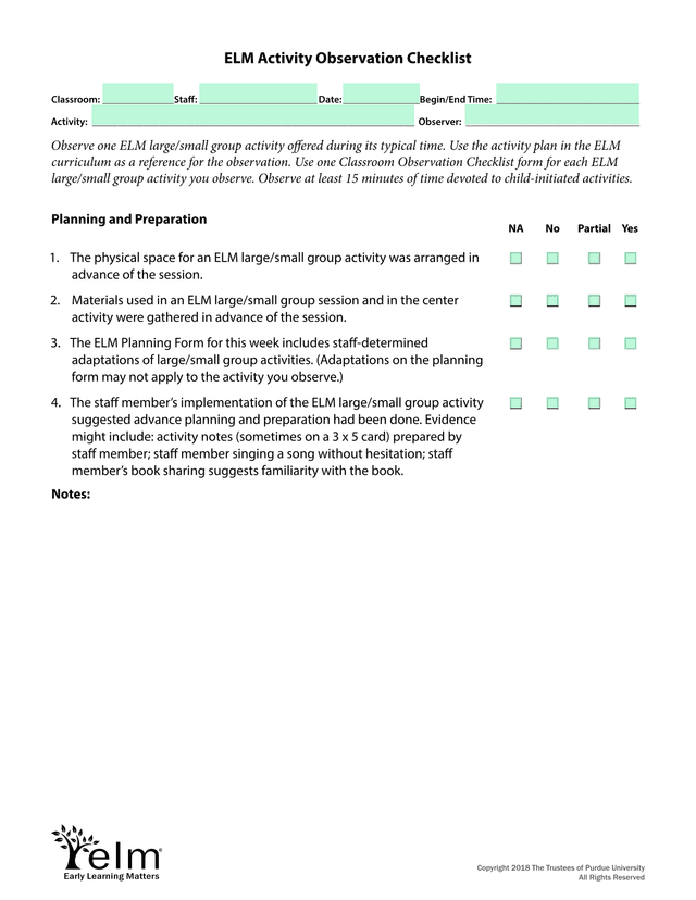ELM Activity Observation Checklist screenshot