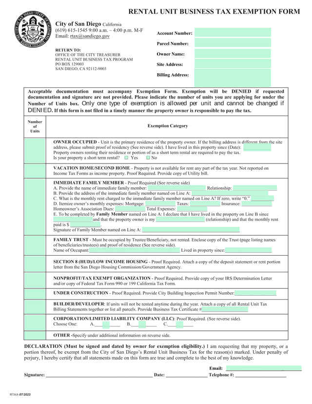 Rental Unit Business Tax Exemption Form screenshot