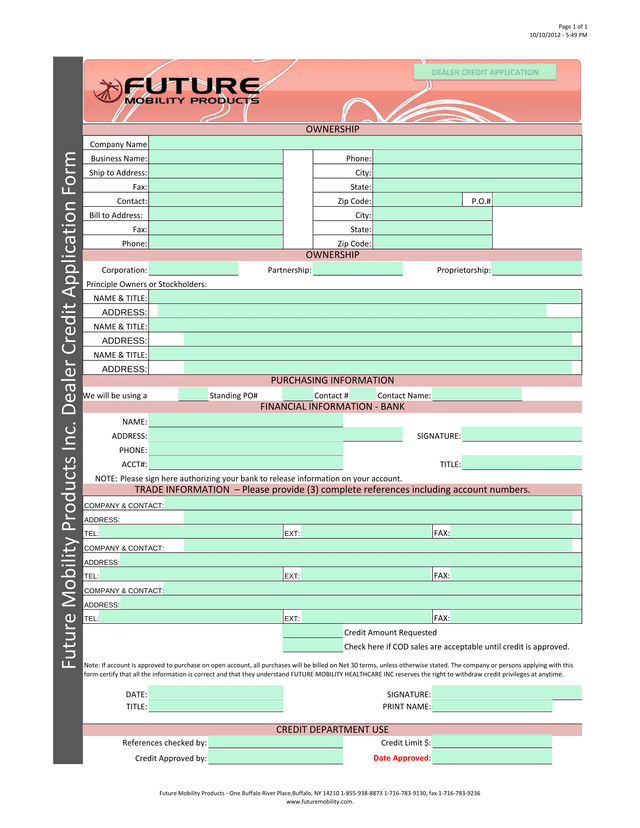 Dealer Credit Application Form screenshot